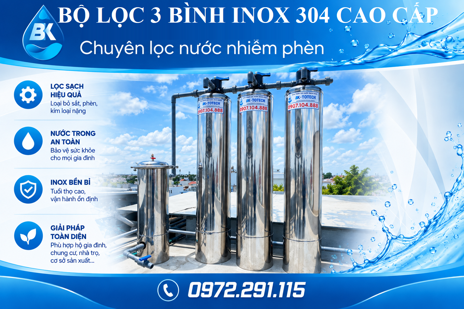 Lắp đặt cột lọc nước phèn tại Bình Tân TP.HCM, Lọc Nước Bách Khoa, 0972291115